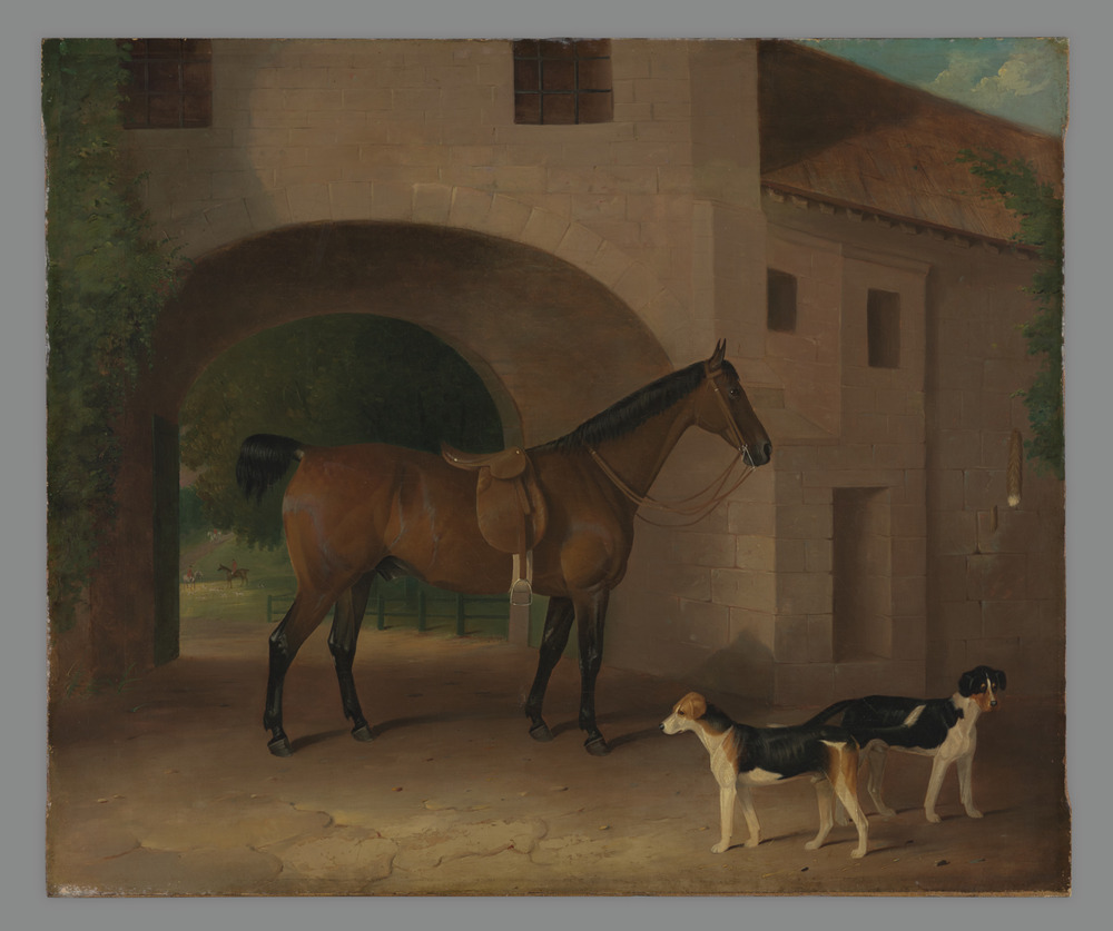 Painting titled Horse and Hunting Dogs, oil on canvas, accession number 1970.87.