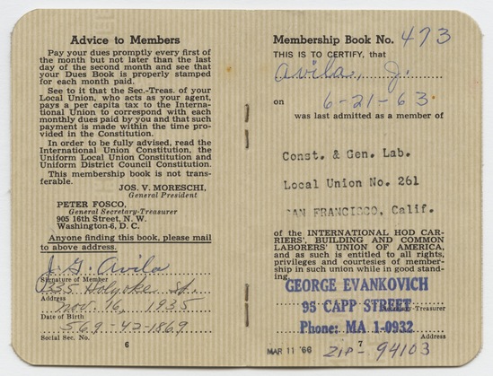 Artist's book 5 of 9 titled International Hod Carriers Building and Common Laborers’ Union of America Membership Book, ink, offset printing, stamps, and stamp marks in blue and purple ink on paper, staple-bound, thirteen pages, accession number 1995.46.331.