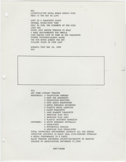 Work on paper titled EO2 and EO3 (from Ant Farm Prospectus), photocopy, three-hole punched, accession number 2005.14.245.14.