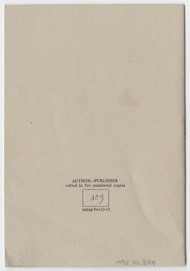 Artist's book 9 of 9 titled Dialectics Project, Collective Creative Games, offset printing and stamp mark in red ink on paper, staple bound, thirteen pages, ed. 109/300, accession number 1995.46.344.