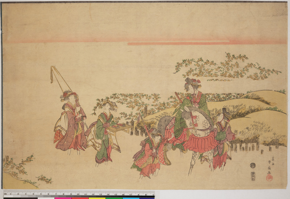 Print 1 of 2 titled Noblewoman in ritual attire rides a horse attended by four women, all walking through a submerged landscape, Full color woodblock printing, embossing on waves., accession number 1919.370.