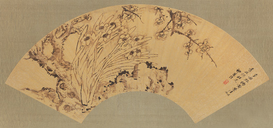 Painting titled Iris, Plum, Rock (in the manner of Huang Zhuan), Fan: ink on paper, mounted on silk and board, accession number 1980.42.5.