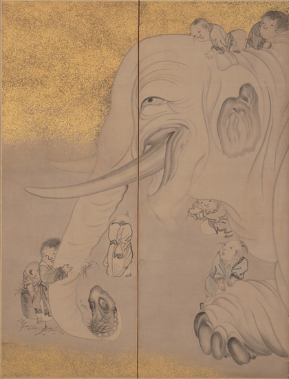 Painting 3 of 5 titled Children Playing on Elephant, One of a Pair of Screens, six-fold screen: ink and color on paper, accession number 1972.6.2.