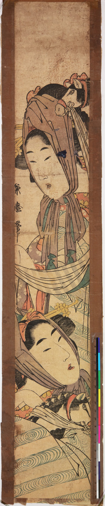 Print titled Two women dressed for the harugoma (spring horse) dance, Full color woodblock printing, accession number 1919.871.