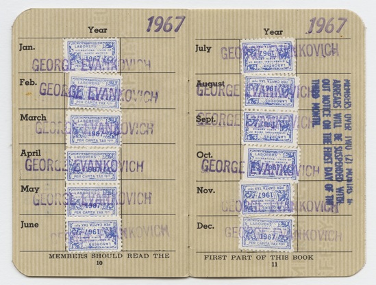 Artist's book 7 of 9 titled International Hod Carriers Building and Common Laborers’ Union of America Membership Book, ink, offset printing, stamps, and stamp marks in blue and purple ink on paper, staple-bound, thirteen pages, accession number 1995.46.331.