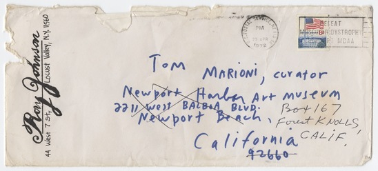 Work on paper 5 of 5 titled Letter to Tom Marioni from Ray Johnson (First New York Correspondence School Spitting), a-c: Photocopies d: Ink on cutout e: Ink, graphite, and blue marker on envelope with postmark and postage stamp, accession number 1995.46.409.a-e.