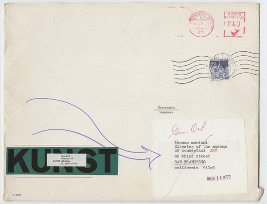 Work on paper 14 of 14 titled Letter to Tom Marioni from Klaus Groh, offset printing, marker, and sticker on paper card; photocopy adhered to black paper, two sheets; marker on tan paper, one-hole punched; marker and sticker on photocopy, two sheets; sticker on photocopy; photocopies, three sheets; offset printing and marker on pink paper, two-sided; and typewritten text, red ink, purple marker, collage element, stickers, and stamp mark in purple ink on envelope with postmarks and one postage stamp, accession number 1995.46.256.a-l.