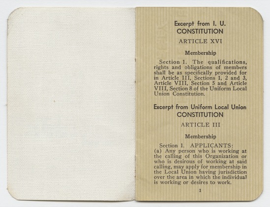 Artist's book 2 of 9 titled International Hod Carriers Building and Common Laborers’ Union of America Membership Book, ink, offset printing, stamps, and stamp marks in blue and purple ink on paper, staple-bound, thirteen pages, accession number 1995.46.331.