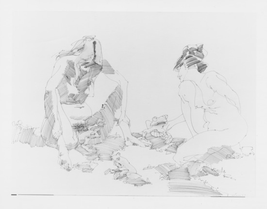 Drawing titled Princess and the Frog #12, pen and ink, watercolor (brush and spray gun) on illustration board, accession number 1968.86.