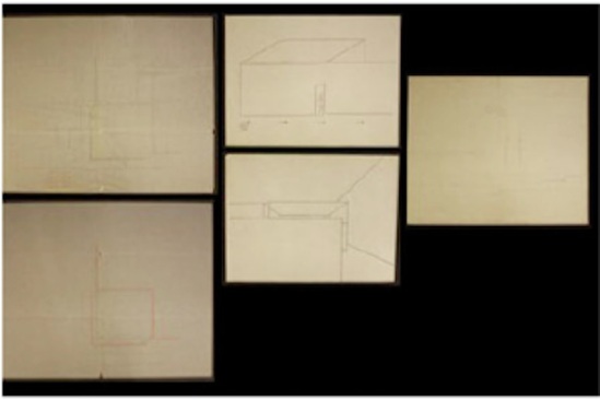 Drawing titled Untitled (a collection of 5 diagrams / floor plans / elevations), Pencil and colored pencil on glassine and paper, accession number 2014.53.235.1-5.