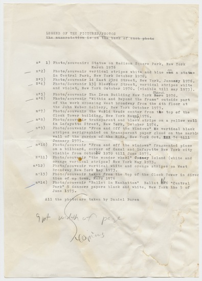 Work on paper 2 of 4 titled Letter to Tom Marioni from Daniel Buren (Vision), typewritten text, blue and green ink, and graphite on paper, two pages; black and green ink, two stickers, stamp marks in black and purple ink, postmarks, and one metered stamp on brown paper envelope, accession number 1995.46.235.a-c.