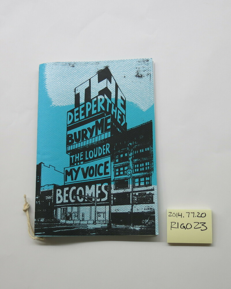 Artist's book titled The Deeper They Bury Me The Louder My Voice Becomes, Black and silver ink on blue paper, photocopies, and twine, accession number 2014.77.20.