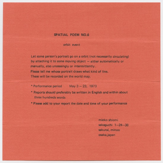 Work on paper titled Spatial Poem No. 6, a: offset printing on orange paper b: ink and stamp in black ink on airmail envelope with postmark and postage stamp, accession number 1995.46.399.a-b.