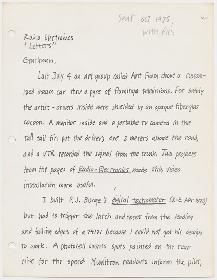 Work on paper 1 of 3 titled Letter to Radio Electronics from Curtis Schreier (Media Burn binder), graphite on photocopy, three pages, three-hole punched, accession number 2005.14.288.68.a-c.