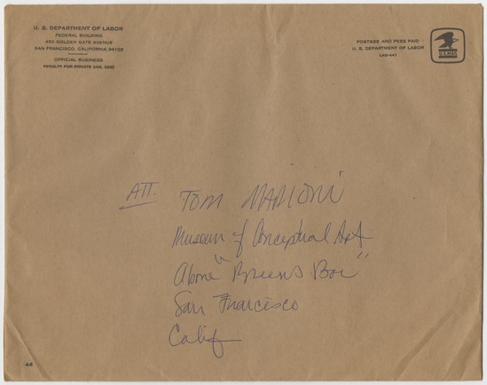 Artist's book 21 of 21 titled Letter to Tom Marioni from U.S. Department of Labor (Legislative Belly), typewritten text on U.S. Department of Labor stationery, and photocopies with stamp mark in black ink, twenty pages; blue ink on brown paper envelope, accession number 1995.46.346.a-u.