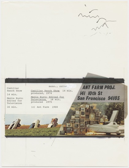 Work on paper titled Cadillac Ranch Show (Media Burn folder), typewritten text, graphite and marker on paper with collage elements, accession number 2005.14.290.12.