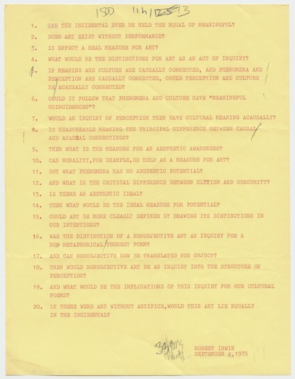 Work on paper 2 of 2 titled Twenty Questions (Vision), typewritten text in red ink, and graphite on yellow paper, two pages, accession number 1995.46.260.a-b.