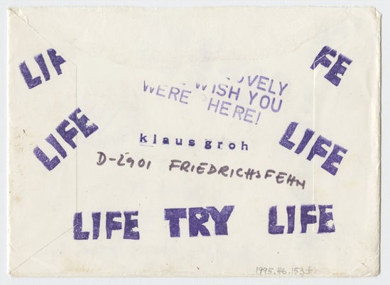 Work on paper 7 of 7 titled Letter to Museum of Conceptual Art from Klaus Groh, purple and red marker on paper, with collage element, and stamp marks in purple ink, five sheets; purple and red marker, and stamp marks in purple ink on envelope with postmark, and two postage stamps, two-sided, accession number 1995.46.153.a-f.