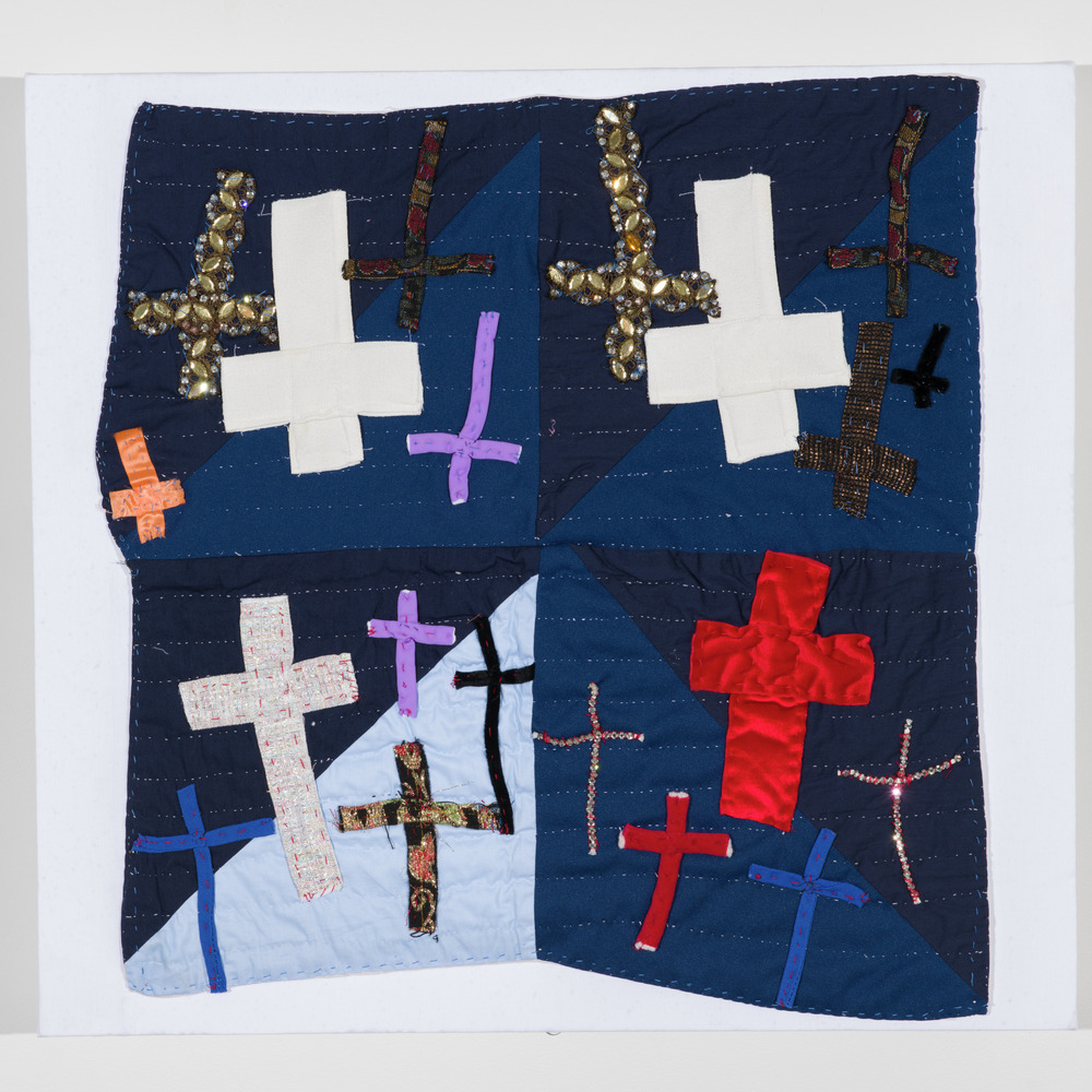 Textile titled Untitled, Cotton, polyester, decorative trim (with rhinestones and beads), metallic brocade, novelty fabrics, metallic cord, satin ribbon, velvet, upholstery fabric, and cotton muslin backing, accession number 2019.72.53.