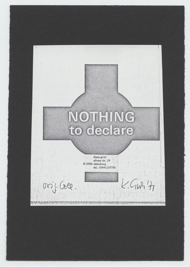 Work on paper 2 of 14 titled Letter to Tom Marioni from Klaus Groh, offset printing, marker, and sticker on paper card; photocopy adhered to black paper, two sheets; marker on tan paper, one-hole punched; marker and sticker on photocopy, two sheets; sticker on photocopy; photocopies, three sheets; offset printing and marker on pink paper, two-sided; and typewritten text, red ink, purple marker, collage element, stickers, and stamp mark in purple ink on envelope with postmarks and one postage stamp, accession number 1995.46.256.a-l.