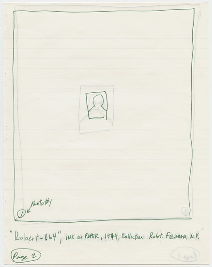 Work on paper 4 of 7 titled Letter to Tom Marioni from Chuck Close (Vision), green ink on white lined paper, four two-sided pages, accession number 1995.46.411.