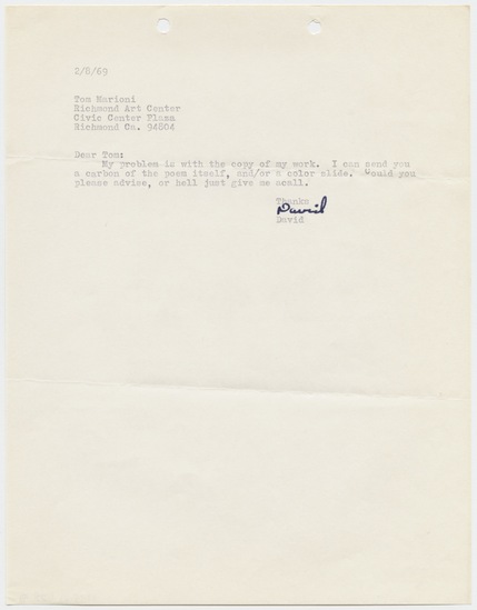 Work on paper titled Letter to Tom Marioni from David Smith (Invisible Painting and Sculpture), ink and typewritten text on paper, accession number 1995.46.429.71.