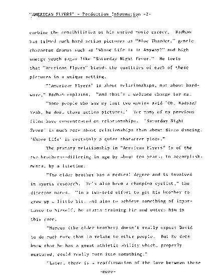 press kit page 3 of 21 titled American flyers, source: Warner Bros.