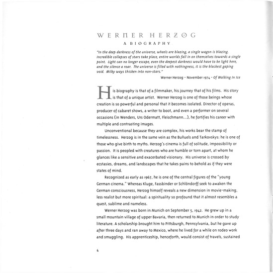 booklet page 5 of 33 titled The great ecstasies of the filmmaker Werner Herzog : a retrospektive 1967-1995, source: Goethe-Institut