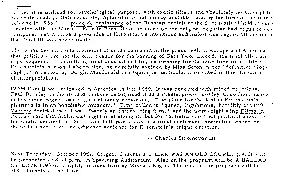 program note page 3 of 3 titled Ivan the terrible - Part I & II, source: U.S.S.R. Film Festival