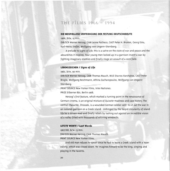 booklet page 21 of 33 titled The great ecstasies of the filmmaker Werner Herzog : a retrospektive 1967-1995, source: Goethe-Institut