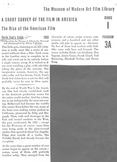 program note titled A short survey of the film in America : The rise of the American film : Uncle tom's cabin, source: Museum of Modern Art (New York, N.Y.)