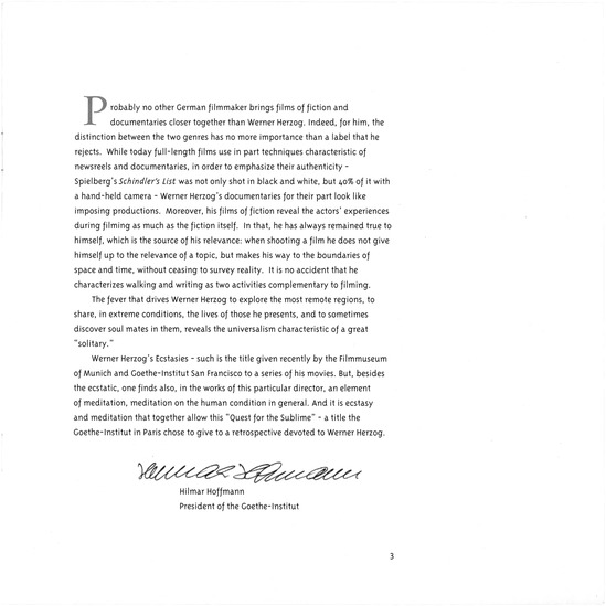 booklet page 4 of 33 titled The great ecstasies of the filmmaker Werner Herzog : a retrospektive 1967-1995, source: Goethe-Institut