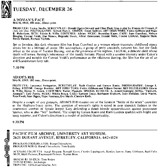 program page 12 of 12 titled The films of George Cukor, source: Pacific Film Archive