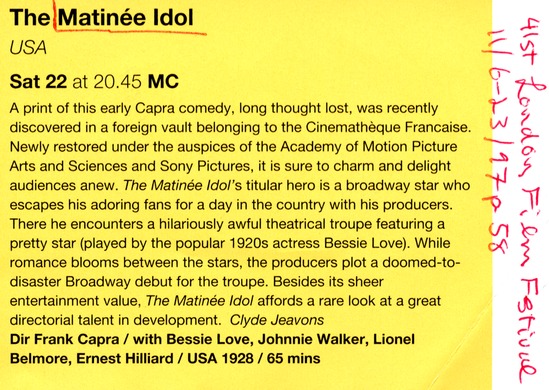 program note titled The matinee idol, source: London Film Festival