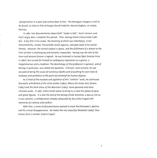 booklet page 8 of 33 titled The great ecstasies of the filmmaker Werner Herzog : a retrospektive 1967-1995, source: Goethe-Institut