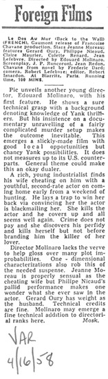 review titled Foreign films : Le dos au mur (Back to the wall), source: Variety