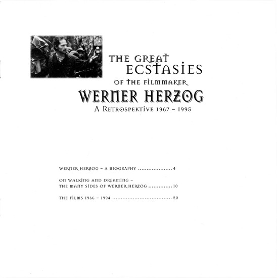booklet page 2 of 33 titled The great ecstasies of the filmmaker Werner Herzog : a retrospektive 1967-1995, source: Goethe-Institut