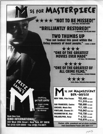 flyer titled M, source: Kino International Corporation