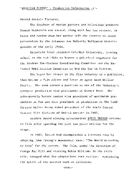 press kit page 18 of 21 titled American flyers, source: Warner Bros.