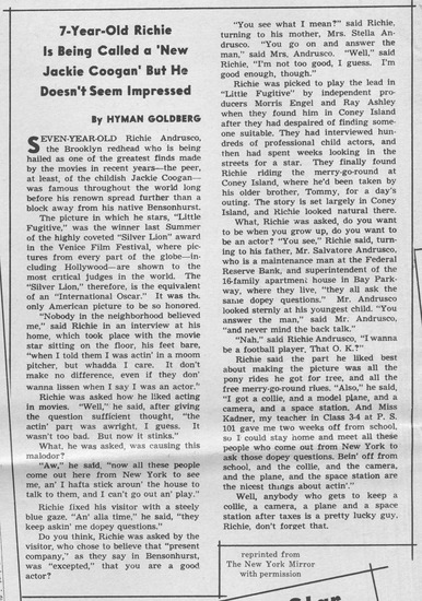 article titled 7-year-old Richie is being called a 'new Jackie Coogan' but he doesn't seem impressed, source: New York Mirror