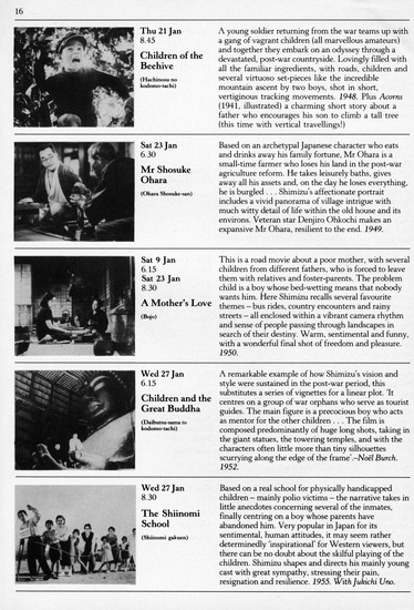 program note page 4 of 5 titled Travelling man: the films of Hiroshi Shimizu, source: National Film Theatre (London, England)