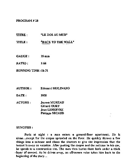 program note titled Le dos au mur -- Back to the wall