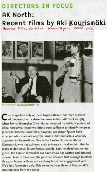 program note titled AK north: recent films by Aki Kaurismaki, source: Harvard Film Archive