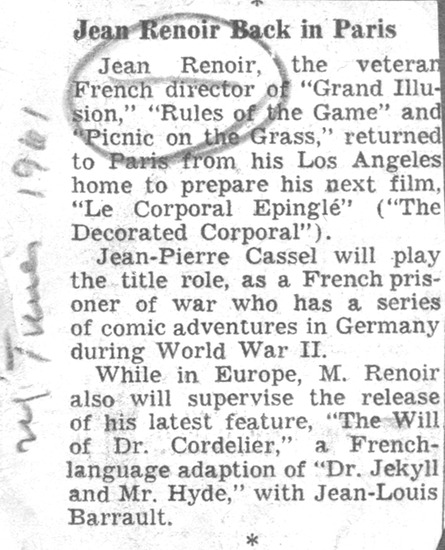 article titled Jean Renoir back in Paris, source: New York Times