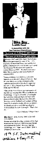 program note titled Bike boy, source: San Francisco International Lesbian and Gay Film and Video Festival