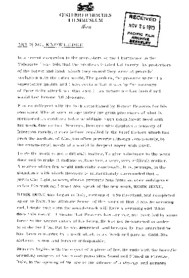 article page 1 of 2 titled Art is not knowledge, source: Oesterreichisches Filmmuseum