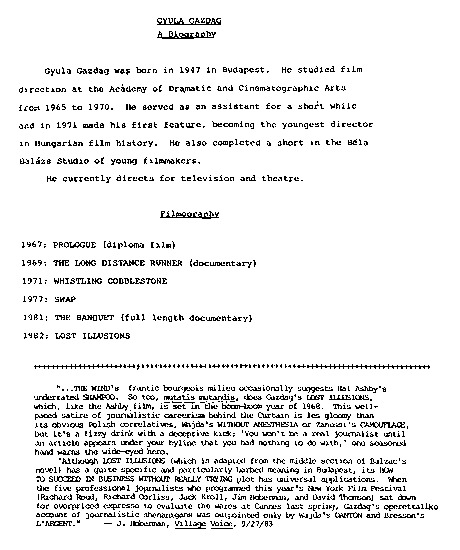program note page 2 of 2 titled Elveszett illuziók, source: San Francisco International Film Festival