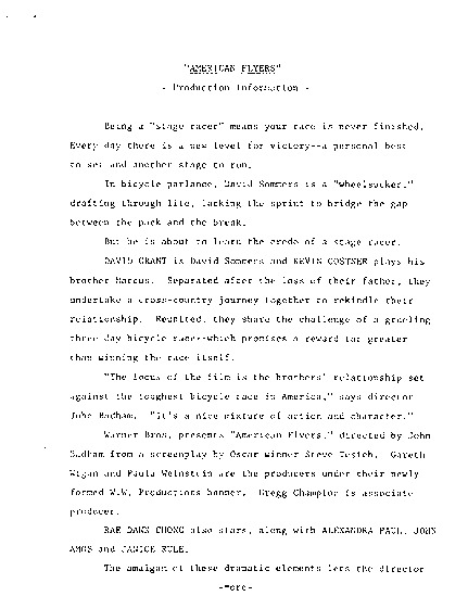 press kit page 2 of 21 titled American flyers, source: Warner Bros.