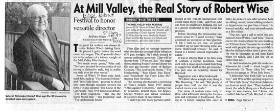 article page 1 of 2 titled At Mill Valley, the real story of Robert Wise, source: San Francisco Chronicle