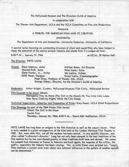 program note page 1 of 5 titled A tribute: the American film and its creators, source: University of California, Los Angeles